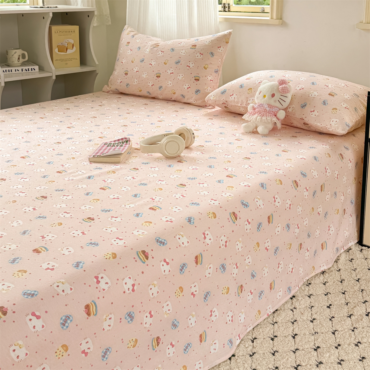 91家纺网 家纺一手货源 找家纺 多品家纺 2025新款超柔云感双层纱单床单 床单单件 布丁猫