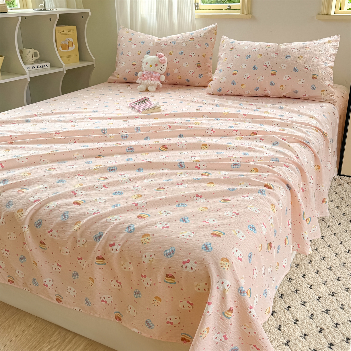 91家纺网 家纺一手货源 找家纺 多品家纺 2025新款超柔云感双层纱单床单 床单单件 布丁猫