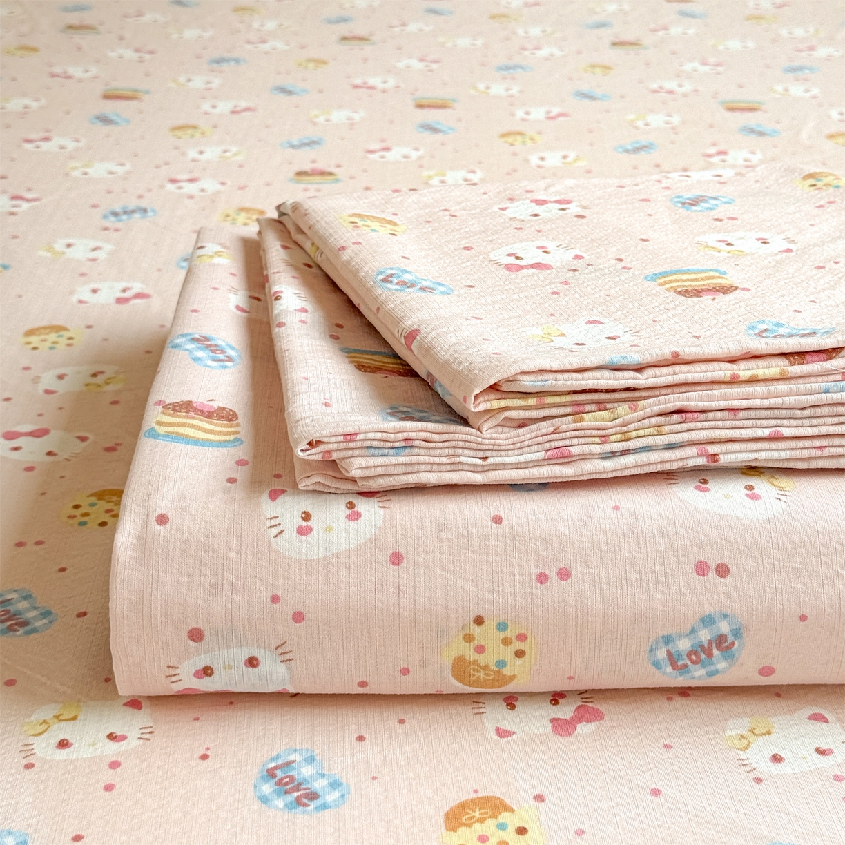 91家纺网 家纺一手货源 找家纺 多品家纺 2025新款超柔云感双层纱单床单 床单单件 布丁猫