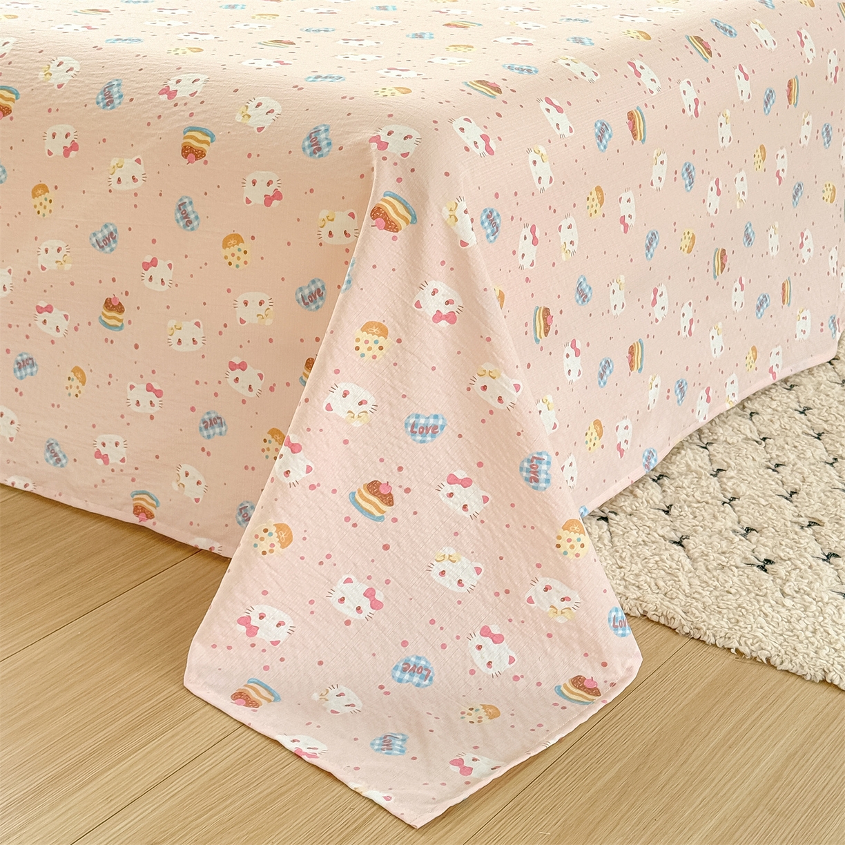 91家纺网 家纺一手货源 找家纺 多品家纺 2025新款超柔云感双层纱单床单 床单单件 布丁猫