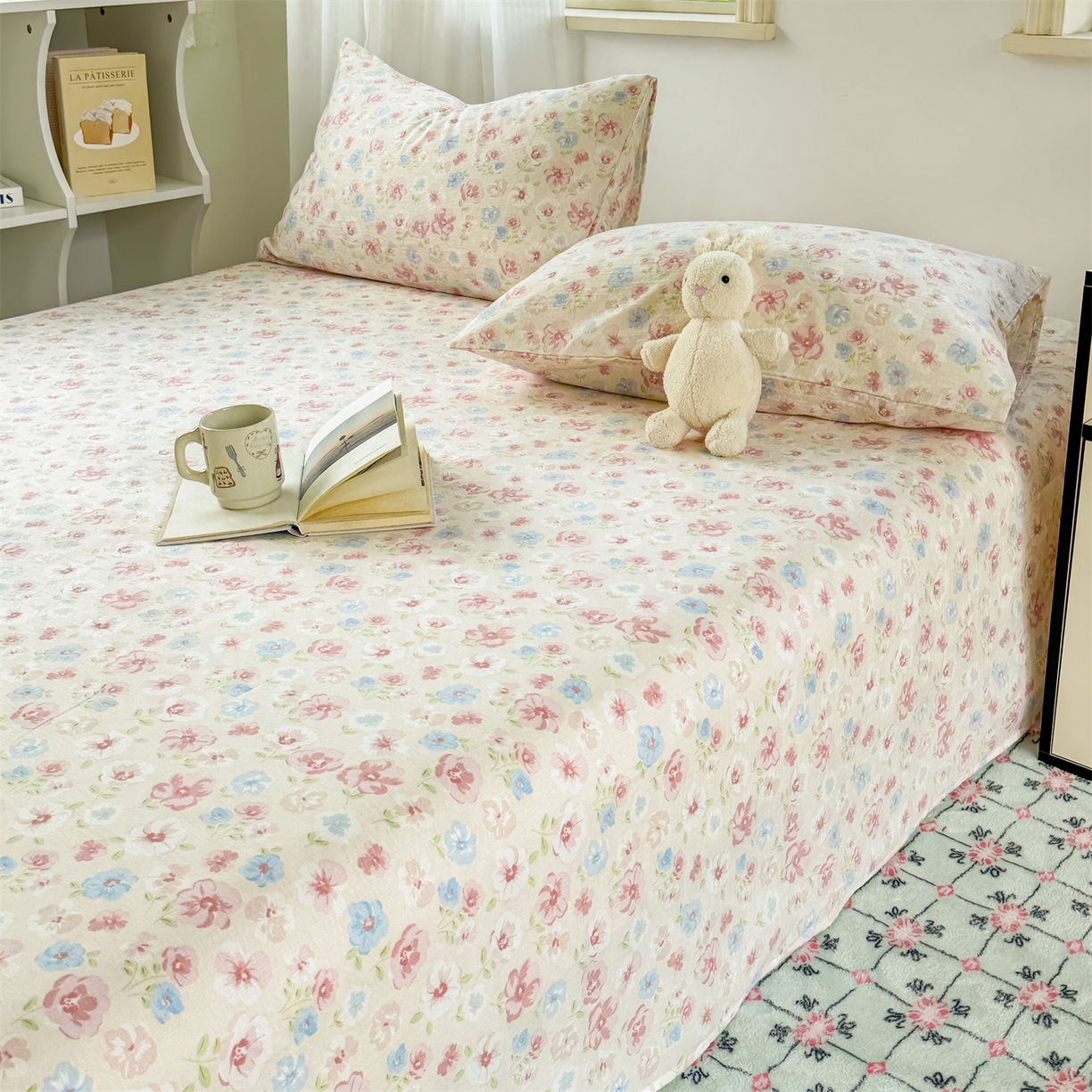 91家纺网 家纺一手货源 找家纺 多品家纺 2025新款超柔云感双层纱单床单 床单单件 花城粉