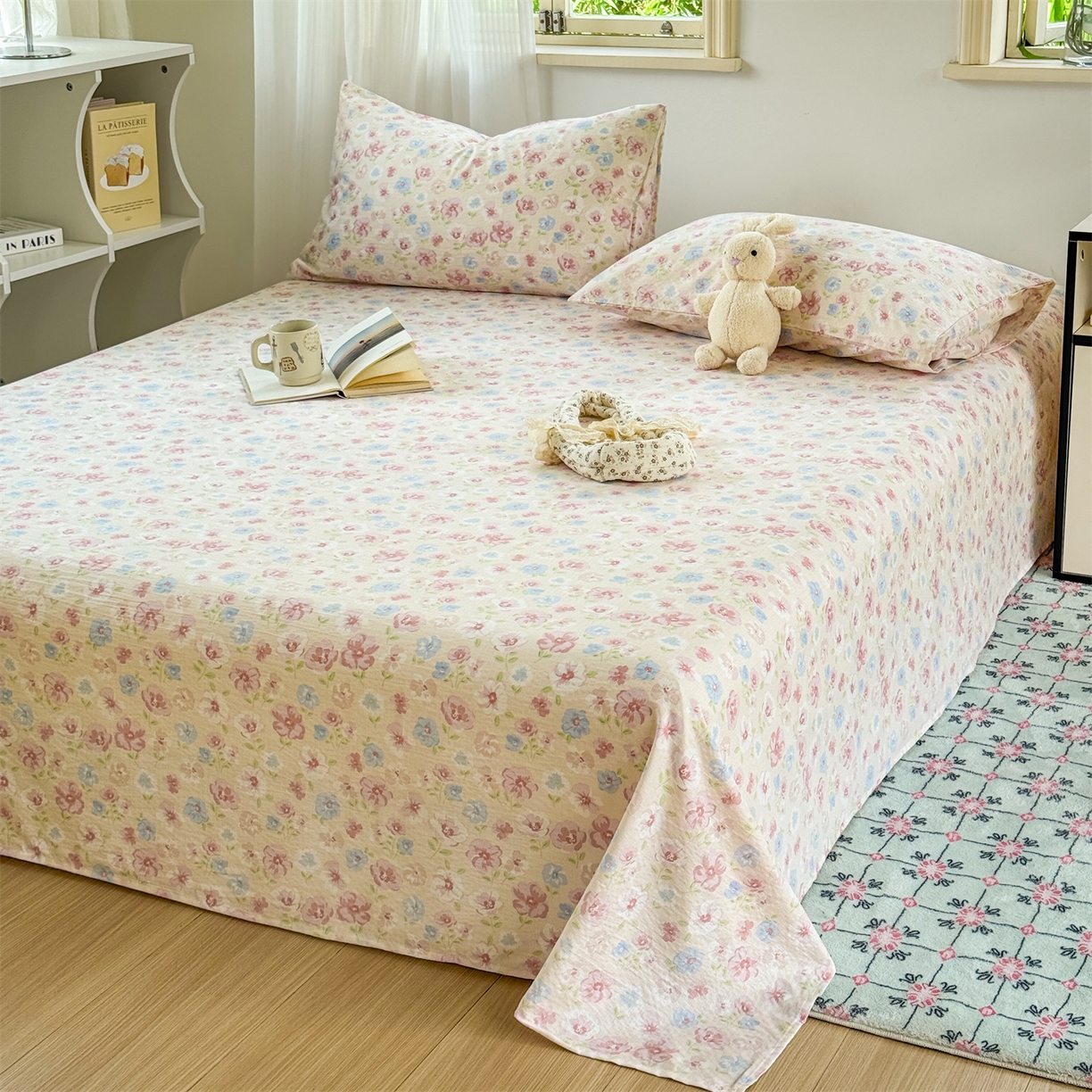 91家纺网 家纺一手货源 找家纺 多品家纺 2025新款超柔云感双层纱单床单 床单单件 花城粉