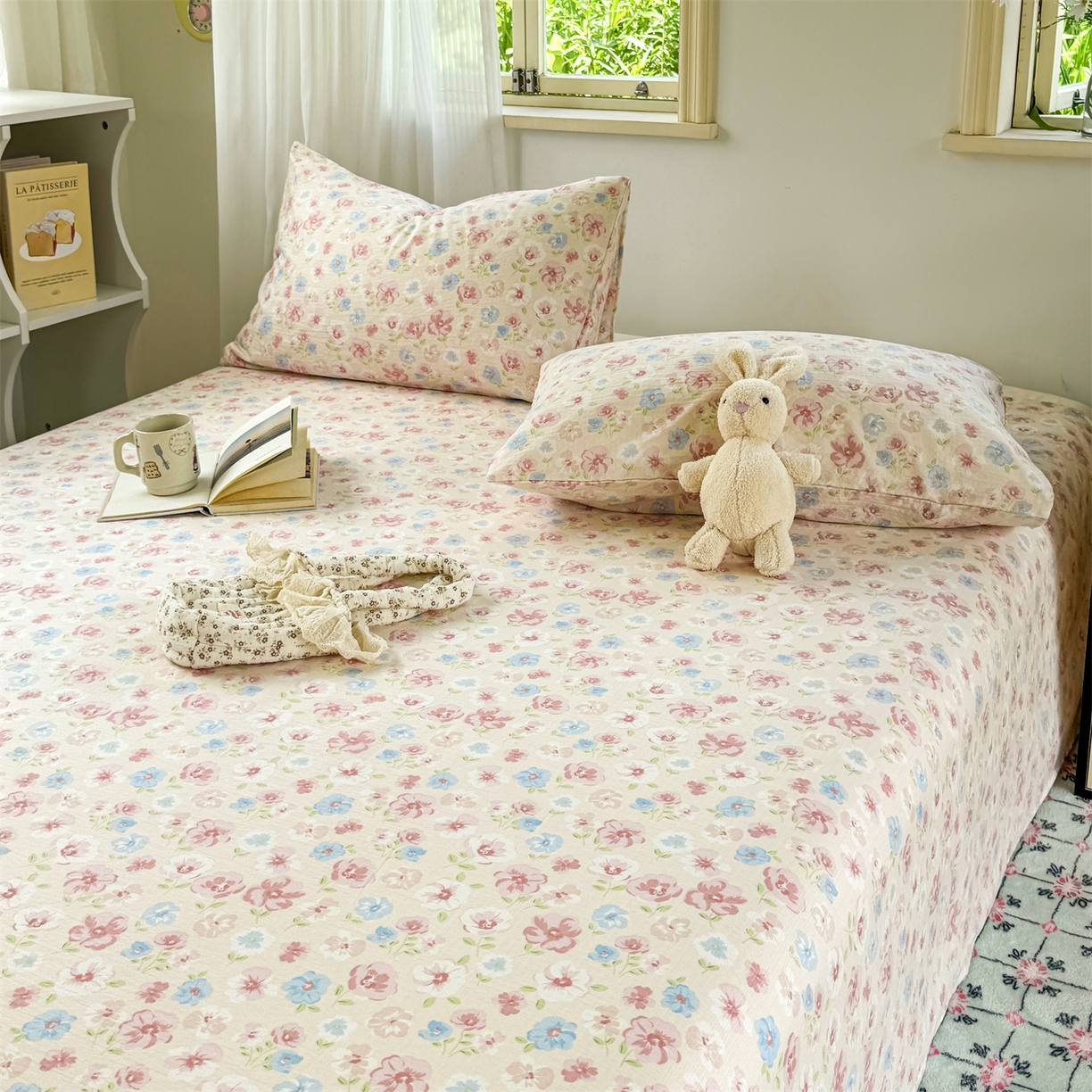 91家纺网 家纺一手货源 找家纺 多品家纺 2025新款超柔云感双层纱单床单 床单单件 花城粉