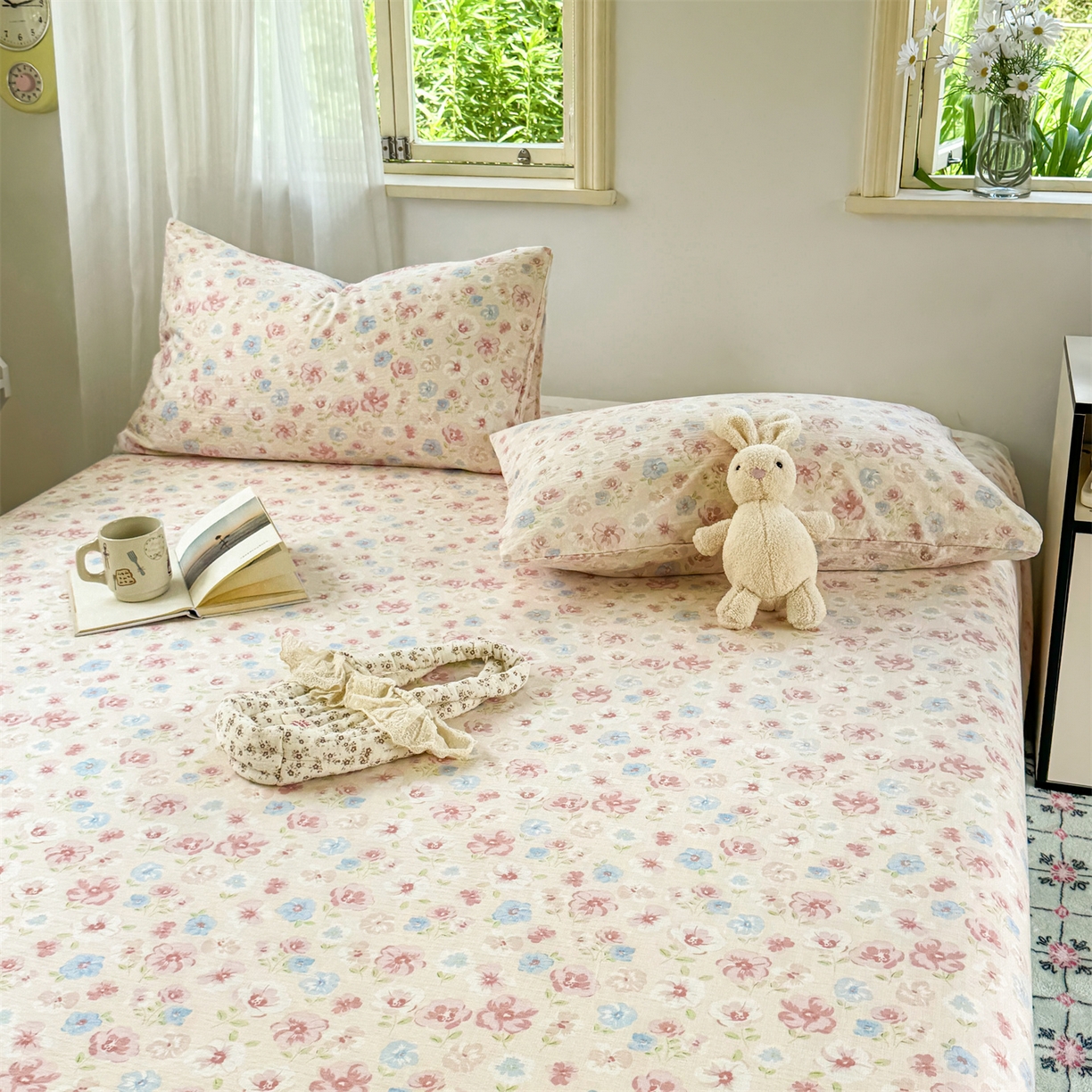 91家纺网 家纺一手货源 找家纺 多品家纺 2025新款超柔云感双层纱单床单 床单单件 花城粉