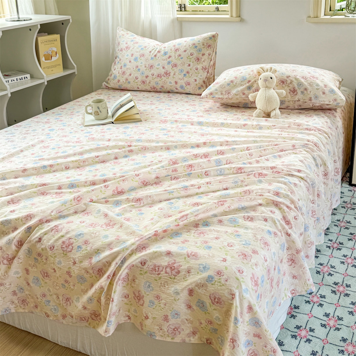 91家纺网 家纺一手货源 找家纺 多品家纺 2025新款超柔云感双层纱单床单 床单单件 花城粉