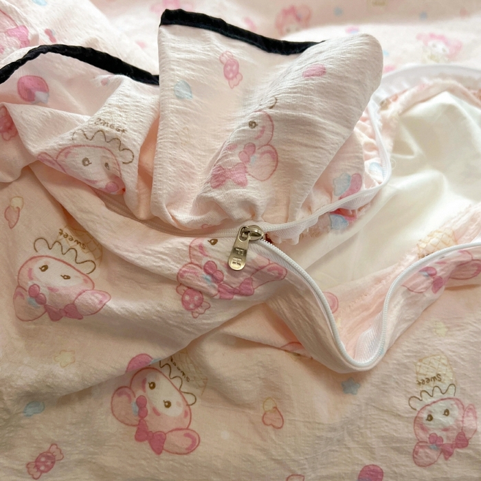 91家纺网 家纺一手货源 找家纺 繁花家居 2025新款学生季韩式云感针织棉大花边木耳边四件套 粉色美蒂