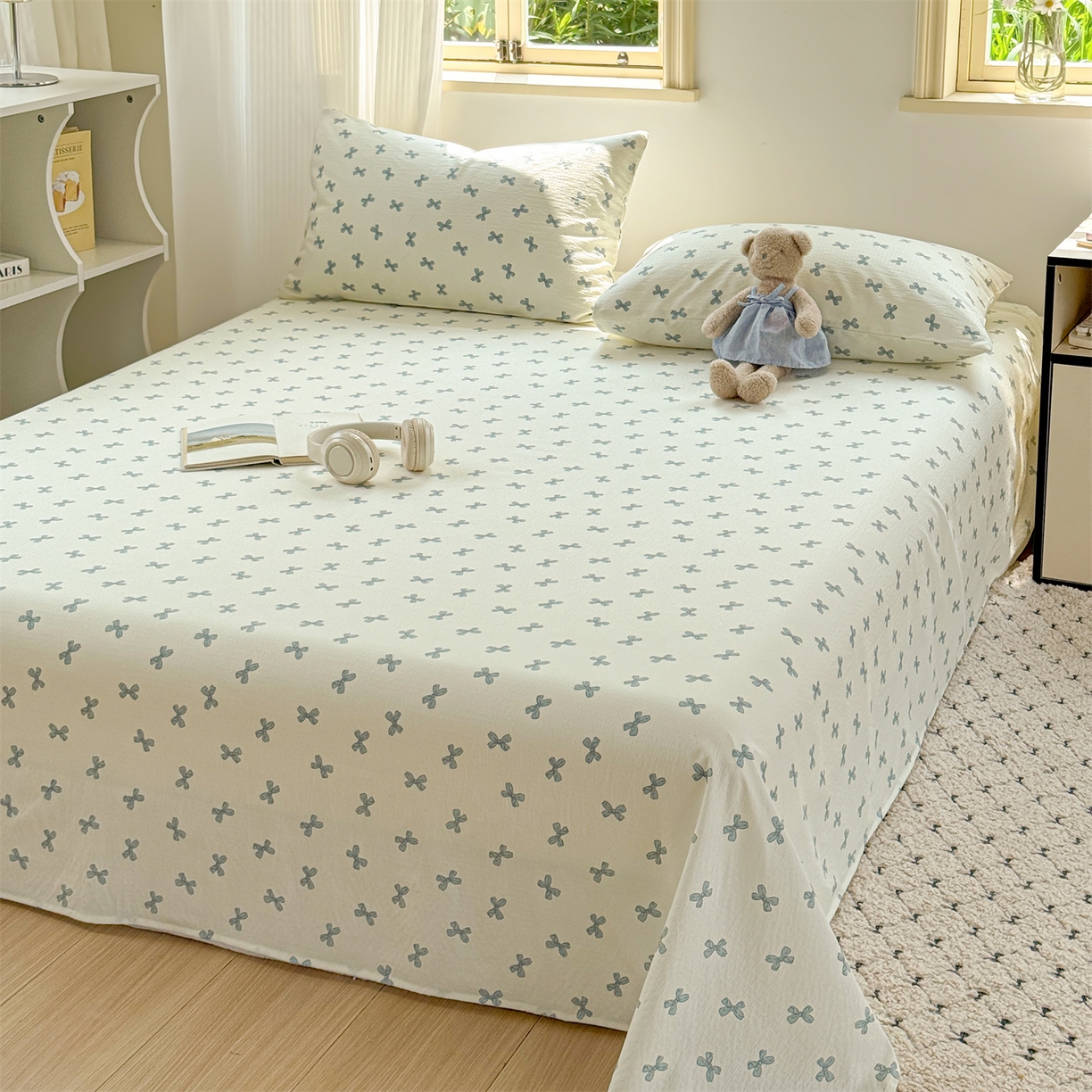 91家纺网 家纺一手货源 找家纺 多品家纺 2025新款超柔云感双层纱单床单 床单单件 蓝蝶