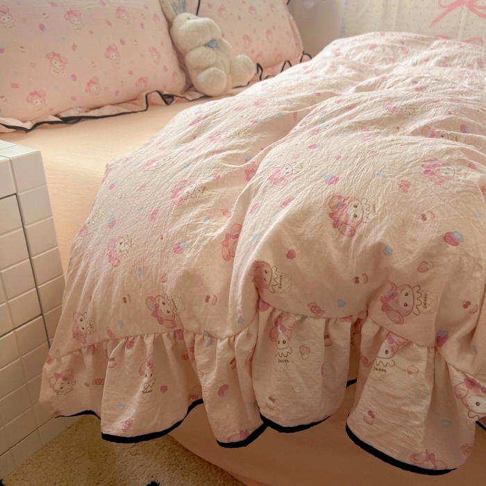 91家纺网 家纺一手货源 找家纺 繁花家居 2025新款学生季韩式云感针织棉大花边木耳边四件套 粉色美蒂