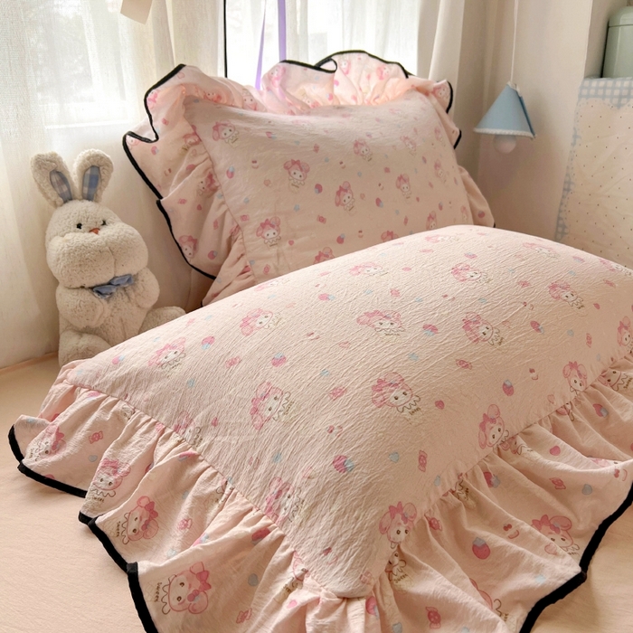 91家纺网 家纺一手货源 找家纺 繁花家居 2025新款学生季韩式云感针织棉大花边木耳边四件套 粉色美蒂