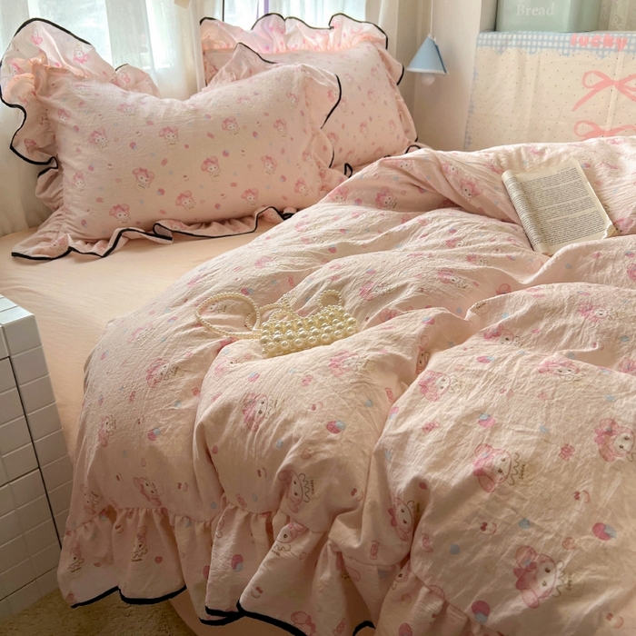 91家纺网 家纺一手货源 找家纺 繁花家居 2025新款学生季韩式云感针织棉大花边木耳边四件套 粉色美蒂