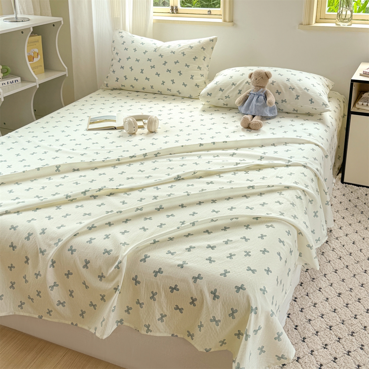 91家纺网 家纺一手货源 找家纺 多品家纺 2025新款超柔云感双层纱单床单 床单单件 蓝蝶