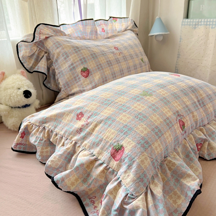 91家纺网 家纺一手货源 找家纺 繁花家居 2025新款学生季韩式云感针织棉大花边木耳边四件套 富山草莓