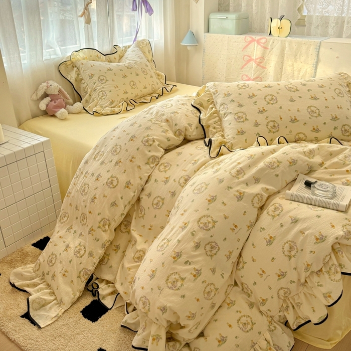 91家纺网 家纺一手货源 找家纺 繁花家居 2025新款学生季韩式云感针织棉大花边木耳边四件套 花环小兔