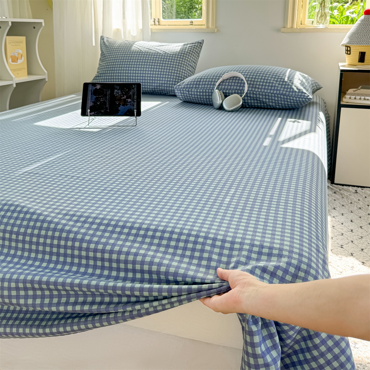 91家纺网 家纺一手货源 找家纺 多品家纺 2025新款超柔云感双层纱单床单 床单单件 绿格