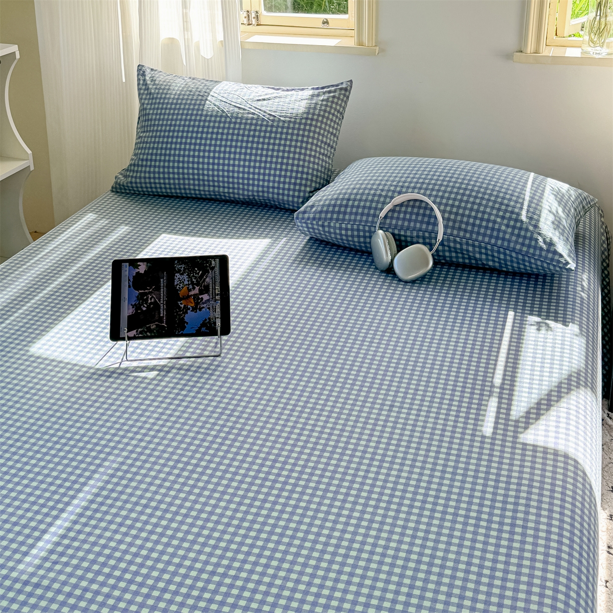 91家纺网 家纺一手货源 找家纺 多品家纺 2025新款超柔云感双层纱单床单 床单单件 绿格