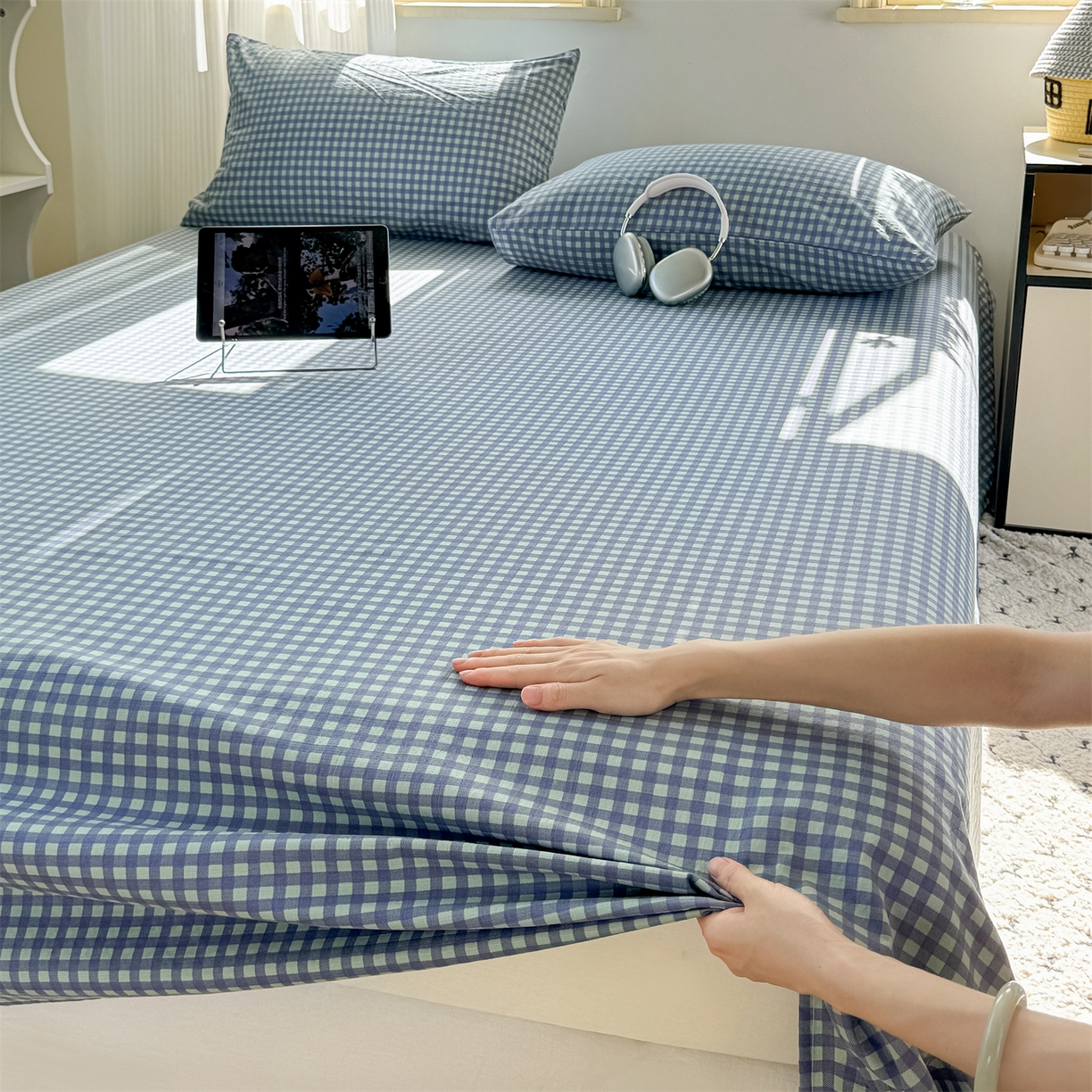 91家纺网 家纺一手货源 找家纺 多品家纺 2025新款超柔云感双层纱单床单 床单单件 绿格