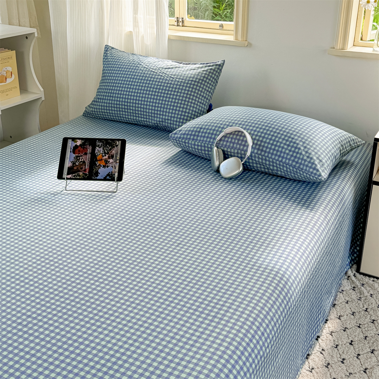 91家纺网 家纺一手货源 找家纺 多品家纺 2025新款超柔云感双层纱单床单 床单单件 绿格