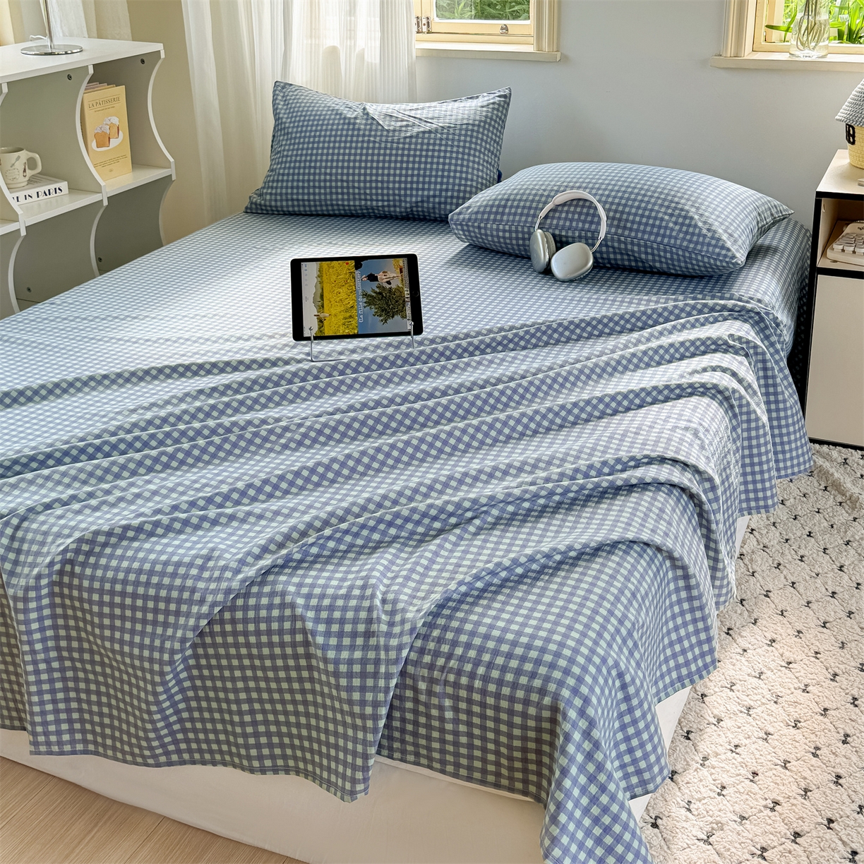 91家纺网 家纺一手货源 找家纺 多品家纺 2025新款超柔云感双层纱单床单 床单单件 绿格