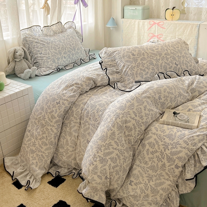 91家纺网 家纺一手货源 找家纺 繁花家居 2025新款学生季韩式云感针织棉大花边木耳边四件套 花枝蝶影