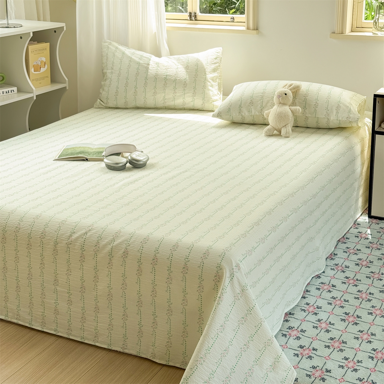 91家纺网 家纺一手货源 找家纺 多品家纺 2025新款超柔云感双层纱单床单 床单单件 绿藤