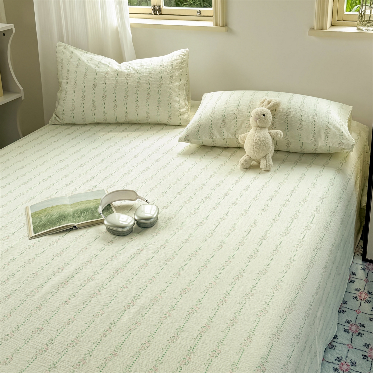 91家纺网 家纺一手货源 找家纺 多品家纺 2025新款超柔云感双层纱单床单 床单单件 绿藤