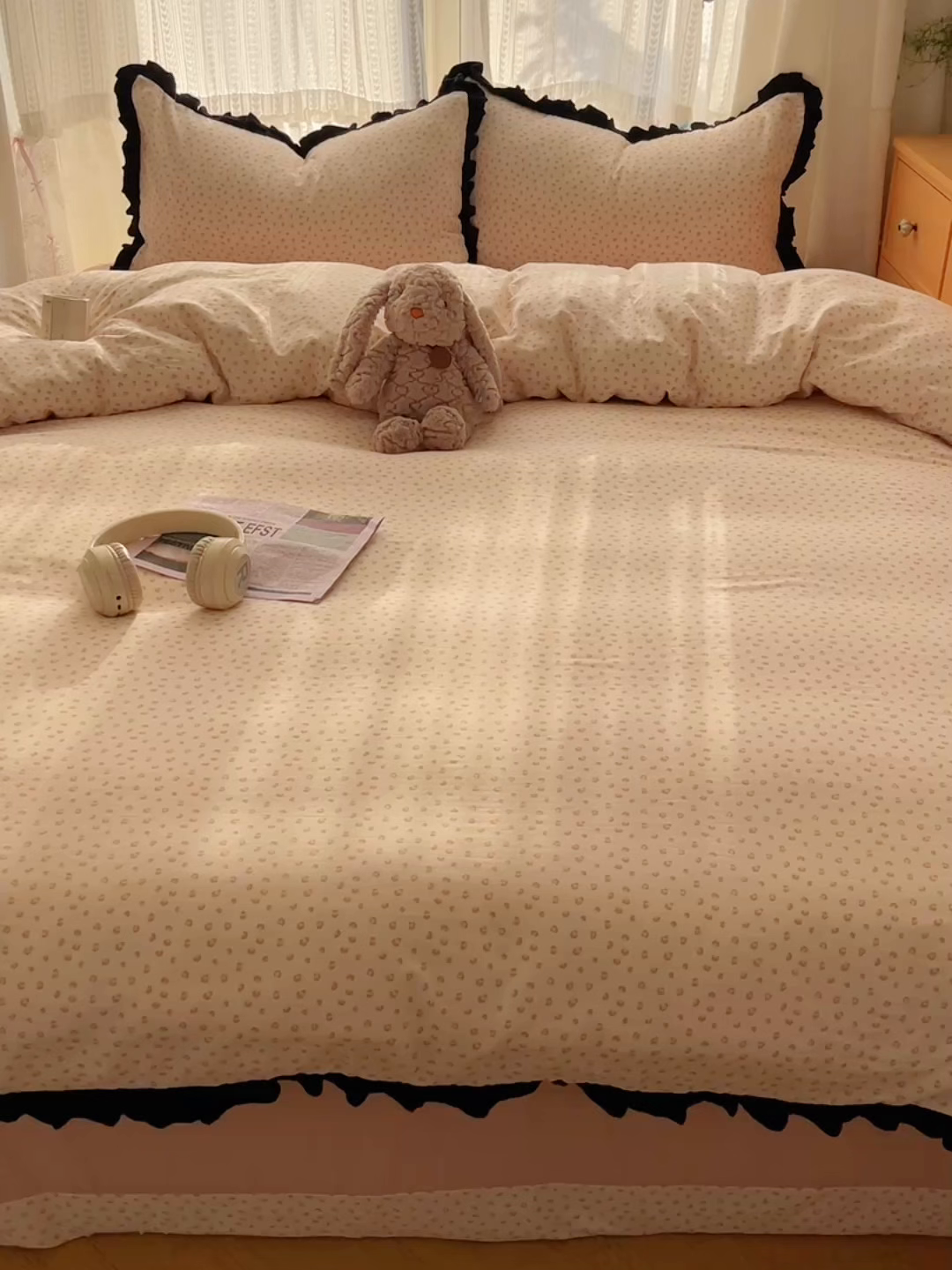 91家纺网 家纺一手货源 找家纺 繁花家居 2025新款学生季韩式云感针织棉大花边木耳边四件套 加州甜心
