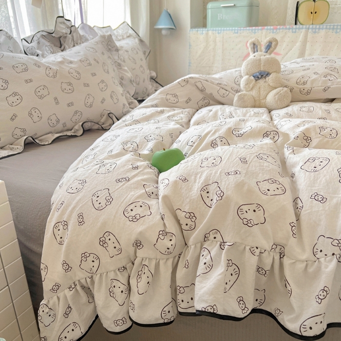 91家纺网 家纺一手货源 找家纺 繁花家居 2025新款学生季韩式云感针织棉大花边木耳边四件套 简笔猫咪