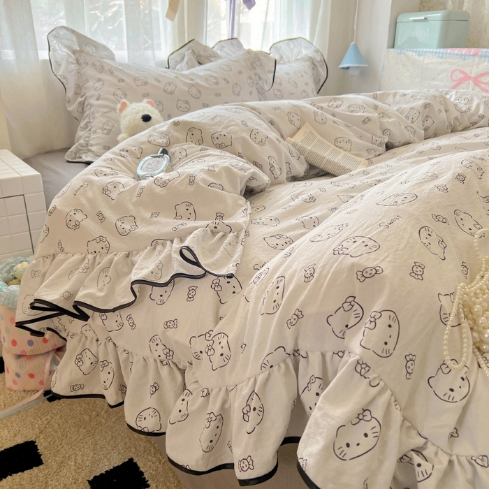 91家纺网 家纺一手货源 找家纺 繁花家居 2025新款学生季韩式云感针织棉大花边木耳边四件套 简笔猫咪