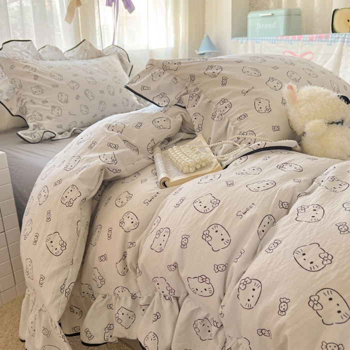 91家纺网 家纺一手货源 找家纺 繁花家居 2025新款学生季韩式云感针织棉大花边木耳边四件套 简笔猫咪