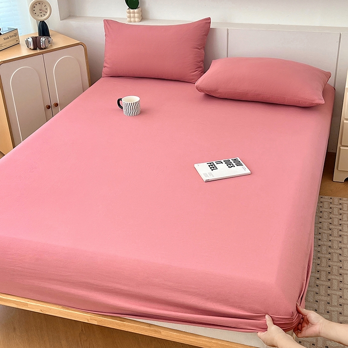 91家纺网 家纺一手货源 找家纺 优佳优品 2025新款亲肤水洗棉纯色单品床笠 藕粉