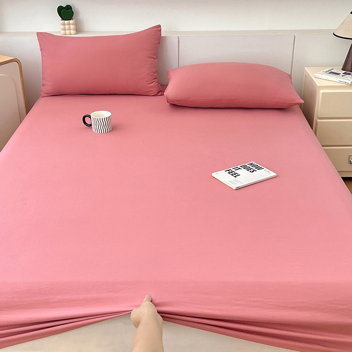 91家纺网 家纺一手货源 找家纺 优佳优品 2025新款亲肤水洗棉纯色单品床笠 藕粉