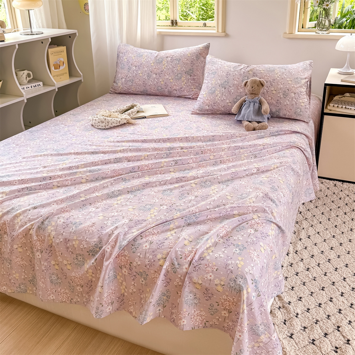 91家纺网 家纺一手货源 找家纺 多品家纺 2025新款超柔云感双层纱单床单 床单单件 梦境紫