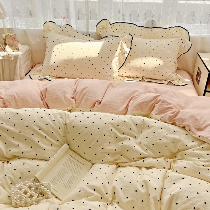 91家纺网 家纺一手货源 找家纺 繁花家居 2025新款学生季韩式云感针织棉大花边木耳边四件套 奶茶泡泡