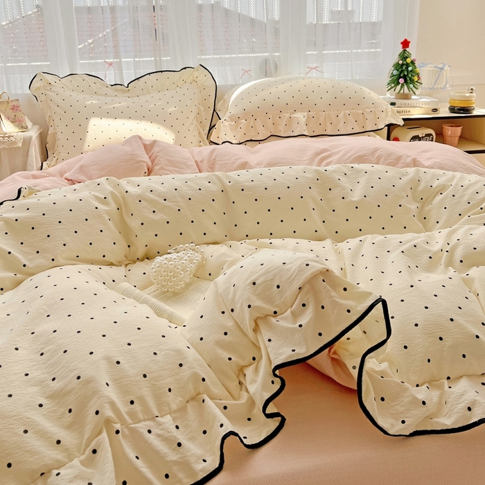 91家纺网 家纺一手货源 找家纺 繁花家居 2025新款学生季韩式云感针织棉大花边木耳边四件套 奶茶泡泡