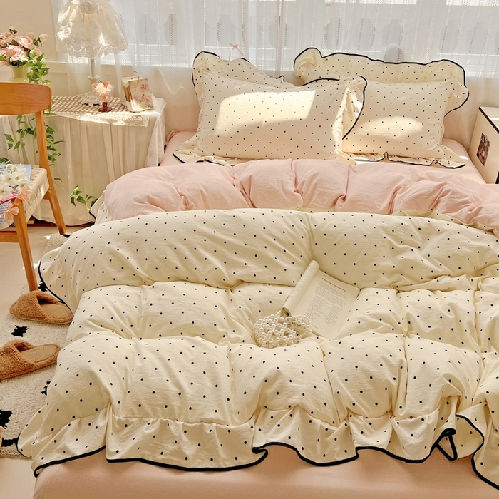 91家纺网 家纺一手货源 找家纺 繁花家居 2025新款学生季韩式云感针织棉大花边木耳边四件套 奶茶泡泡