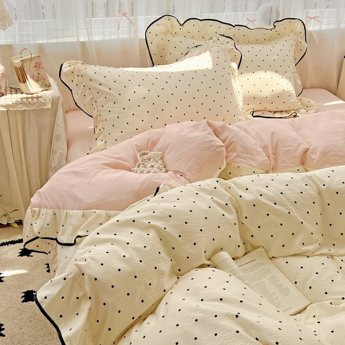 91家纺网 家纺一手货源 找家纺 繁花家居 2025新款学生季韩式云感针织棉大花边木耳边四件套 奶茶泡泡