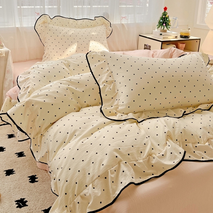 91家纺网 家纺一手货源 找家纺 繁花家居 2025新款学生季韩式云感针织棉大花边木耳边四件套 奶茶泡泡