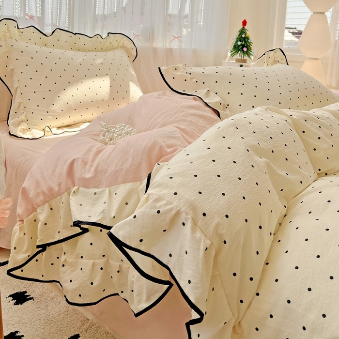 91家纺网 家纺一手货源 找家纺 繁花家居 2025新款学生季韩式云感针织棉大花边木耳边四件套 奶茶泡泡