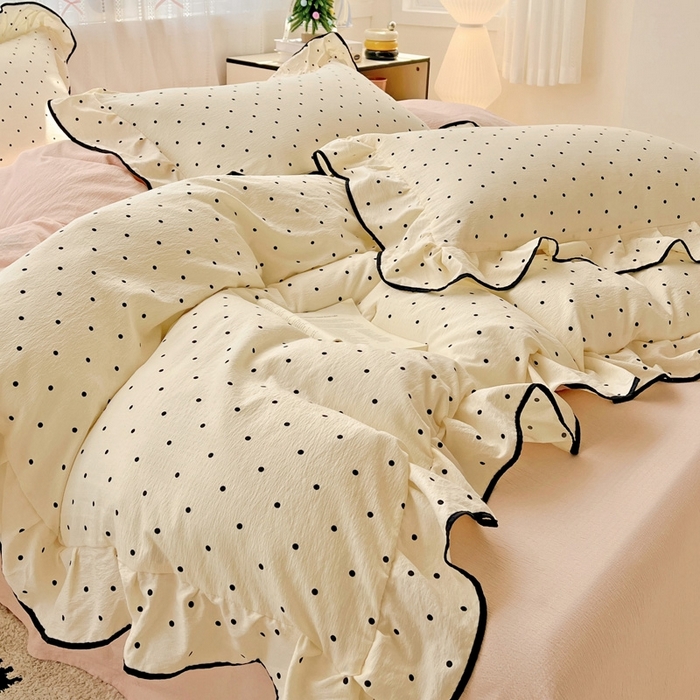 91家纺网 家纺一手货源 找家纺 繁花家居 2025新款学生季韩式云感针织棉大花边木耳边四件套 奶茶泡泡