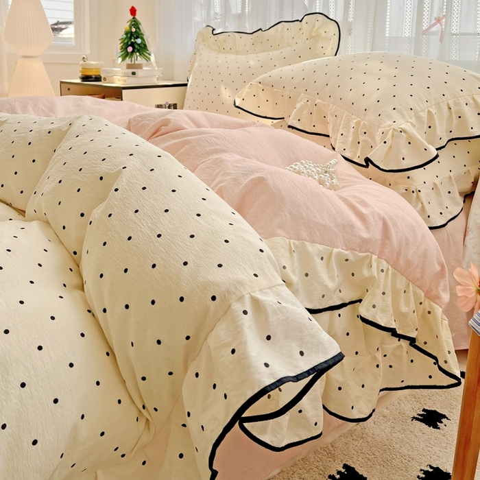 91家纺网 家纺一手货源 找家纺 繁花家居 2025新款学生季韩式云感针织棉大花边木耳边四件套 奶茶泡泡