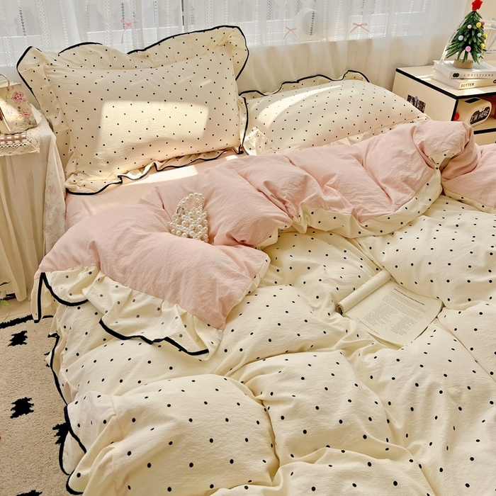 91家纺网 家纺一手货源 找家纺 繁花家居 2025新款学生季韩式云感针织棉大花边木耳边四件套 奶茶泡泡