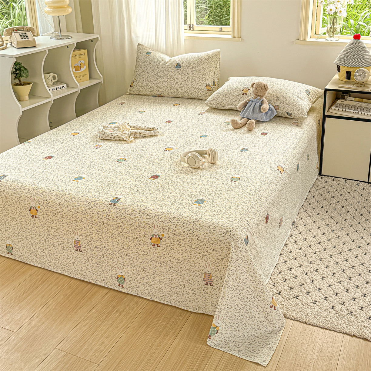 91家纺网 家纺一手货源 找家纺 多品家纺 2025新款超柔云感双层纱单床单 床单单件 泡芙兔兔