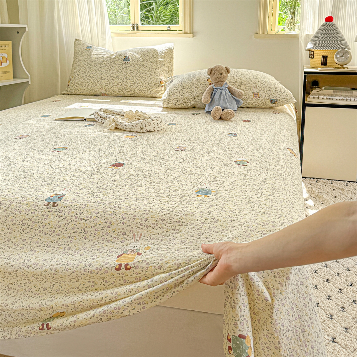 91家纺网 家纺一手货源 找家纺 多品家纺 2025新款超柔云感双层纱单床单 床单单件 泡芙兔兔