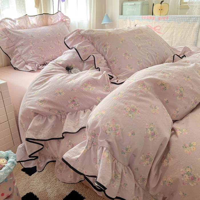 繁花家居 2025新款学生季韩式云感针织棉大花边木耳边四件套 山野花集