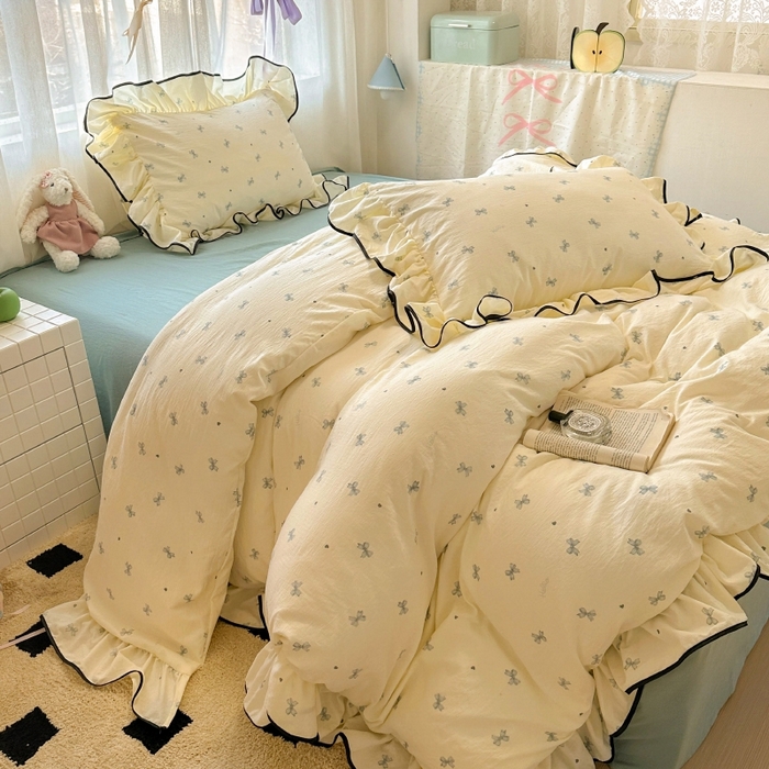 91家纺网 家纺一手货源 找家纺 繁花家居 2025新款学生季韩式云感针织棉大花边木耳边四件套 少女心结-蓝