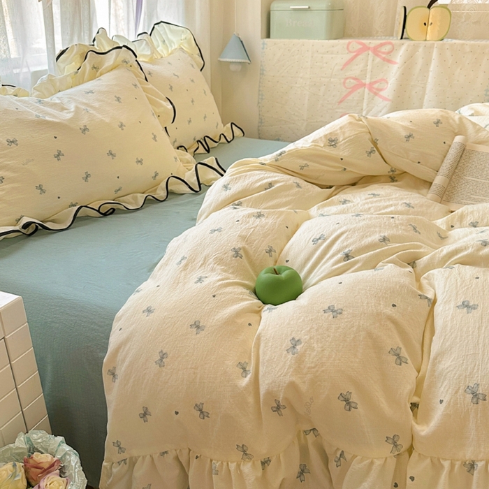 91家纺网 家纺一手货源 找家纺 繁花家居 2025新款学生季韩式云感针织棉大花边木耳边四件套 少女心结-蓝