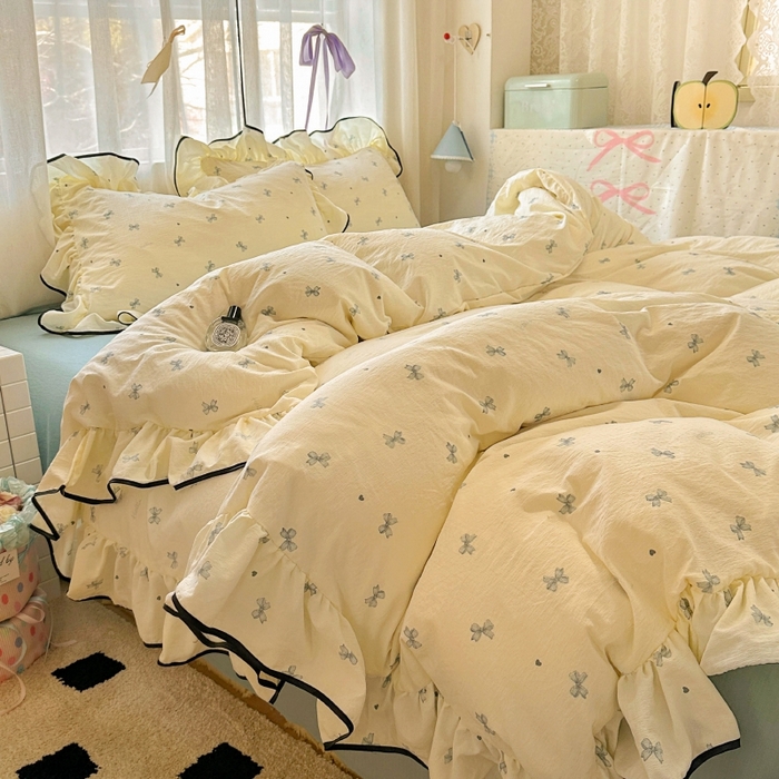 91家纺网 家纺一手货源 找家纺 繁花家居 2025新款学生季韩式云感针织棉大花边木耳边四件套 少女心结-蓝