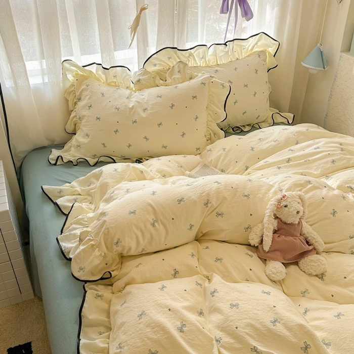 91家纺网 家纺一手货源 找家纺 繁花家居 2025新款学生季韩式云感针织棉大花边木耳边四件套 少女心结-蓝