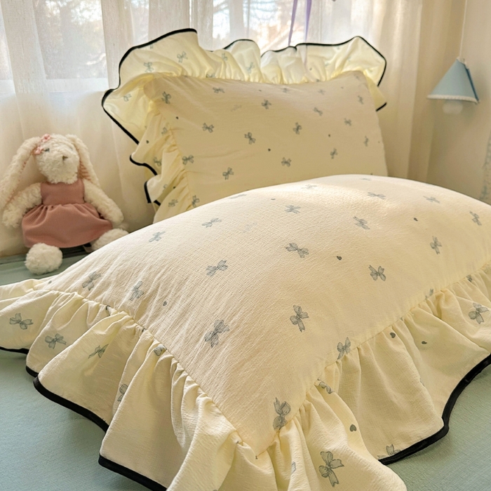 91家纺网 家纺一手货源 找家纺 繁花家居 2025新款学生季韩式云感针织棉大花边木耳边四件套 少女心结-蓝