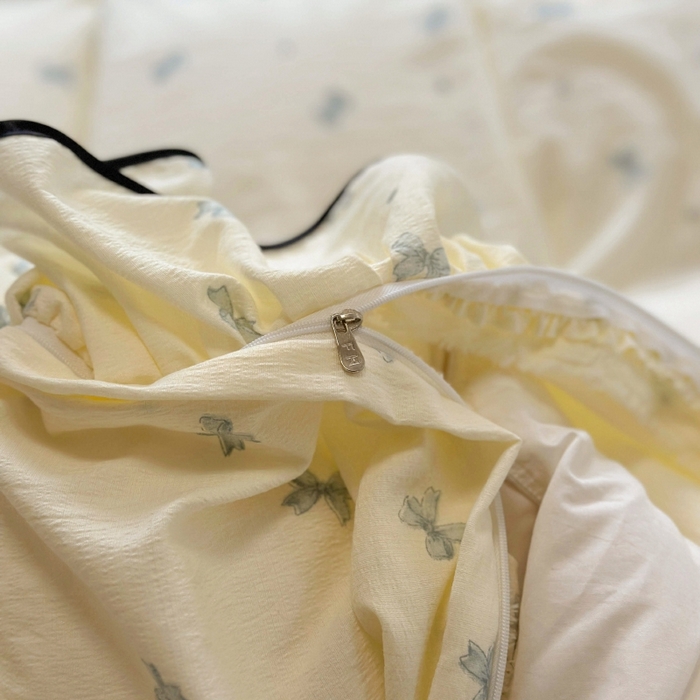 91家纺网 家纺一手货源 找家纺 繁花家居 2025新款学生季韩式云感针织棉大花边木耳边四件套 少女心结-蓝